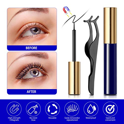 Reusable Magnetic Eyelashes and Eyeliner Kit, 5 Pairs Multi Styles Waterproof Natural Look False Eyelashes Easy to Apply, Best Gifts for Girls or Women(No Glue Needed)