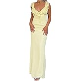 SOLY HUX Women's Summer Maxi Dress V Neck Ruffle Sleeveless Bodycon Cocktail Party Long Dresses