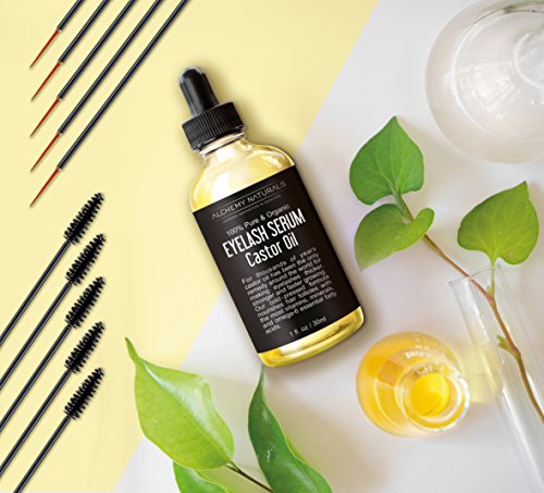 Castor Oil USDA Certified Organic, 100% Pure, Cold Pressed, Hexane-Free by Alchemy. Stimulate Growth for Eyelashes, Eyebrows, Hair. Lash Growth Serum, Brow Treatment. Deluxe Mascara Kit Included