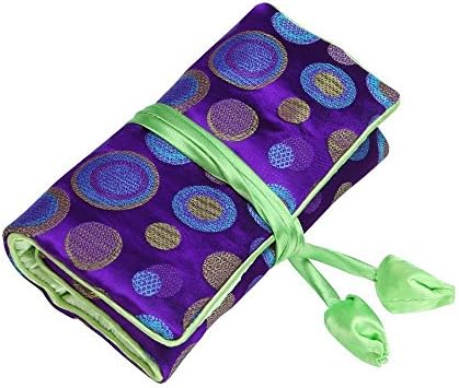 Travel Jewelry Case,Purple Polka Dot Silk Embroidery Brocade Jewelry Roll Bag,Travel Smart Jewelry Organizer Pouch with Tie Close