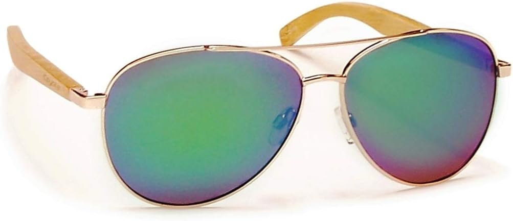 Coyote Eyewear Flywood Polarized Aviator Sunglass with Natural Wood Temples, Gold/Bamboo/Green Mirror