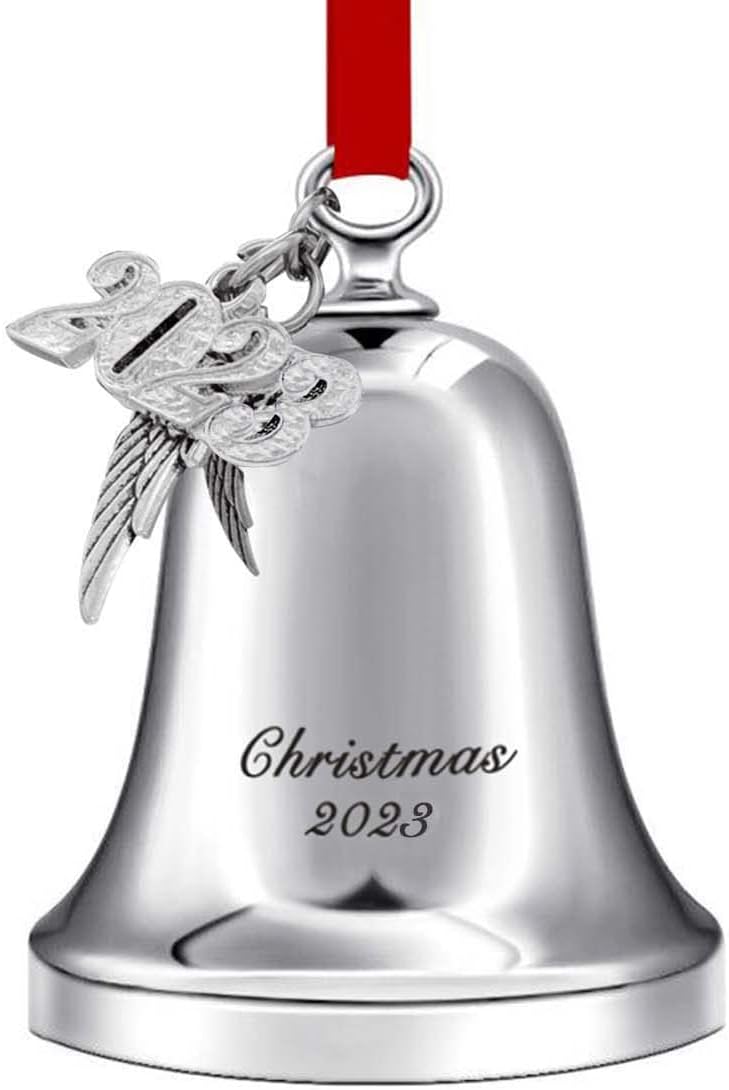 Ornaments - Christmas Bell Ornament Iron Plated Bell Ornament with Red Ribbon Perfect Annual Christmas Tree Decoration 2023 (Silver