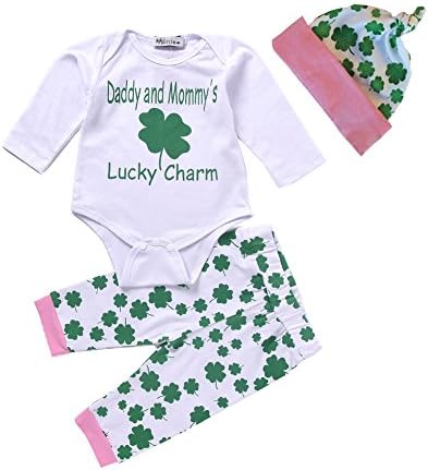 Baby Boy Girl 3pcs Clothing Suit Daddy and Mommy's Lucky Charm Romper+Print Pants+Hat (0-3Months, White)