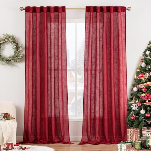 Photo 1 of MIULEE Burgundy Red Linen Curtains 96 Inch Long for Bedroom Living Room, Soft Thick Linen Textured Window Drapes Semi Sheer Light Filtering Rod Pocket Back Tab Christmas Burlap Look, 2 Panels