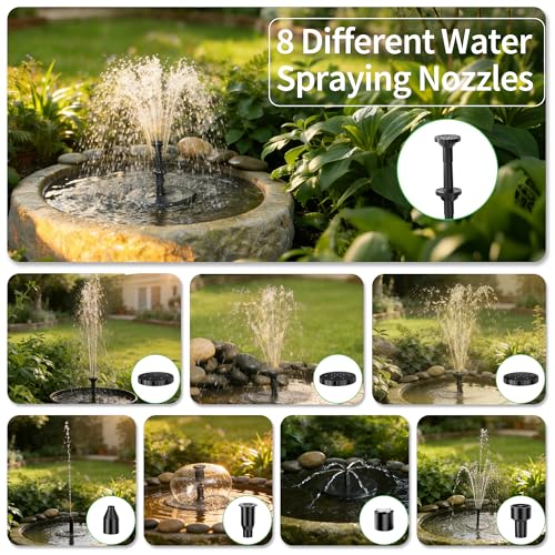 POPOSOAP 8W Solar Bird Bath Fountain Pump, Solar Pond Pump with 8 Nozzles, 4ft Tube, Low-Water Protection, Filter Sponges, Adjustable Bracket for Garden Pond, Bird Bath & DIY Water Features