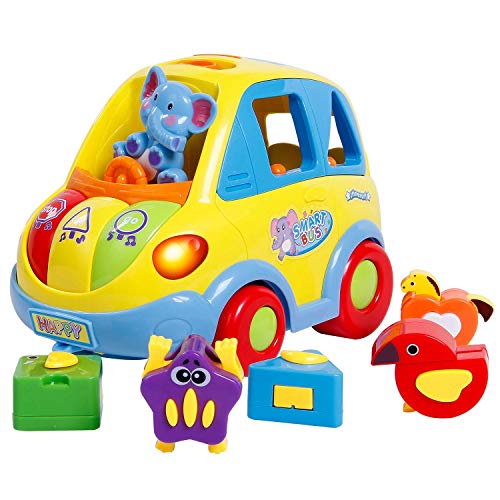 Zoostliss Musical Car Toy for Toddlers, Happy Elephant Educational Car Toy with Transforming Animal Block Shapes and Various Sounds and Omni-Directional Wheel