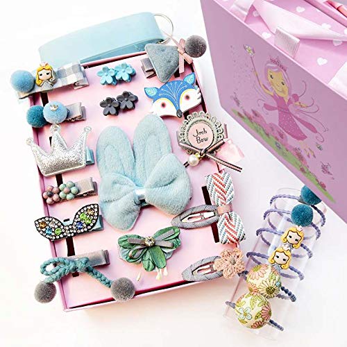 Baby Hair Accessories Gift Set for girls gift box various styles Hair Clips Bows Hairpin Ribbon Elastic Hair Ties Ponytail for Little Girls Baby Toddler Kids, Blue