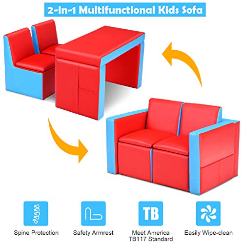 Costzon Kids Sofa, 2 in 1 Double Sofa Convert to Table and Two Chairs