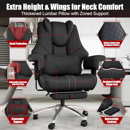 400 lbs Big and Tall Ergonomic Office Chair with Footrest,Computer Gaming Chair with Folding Armrest and Lumbar Support Adjustable Height,Wide Desk Chair with Wheels for Home Office (Black)