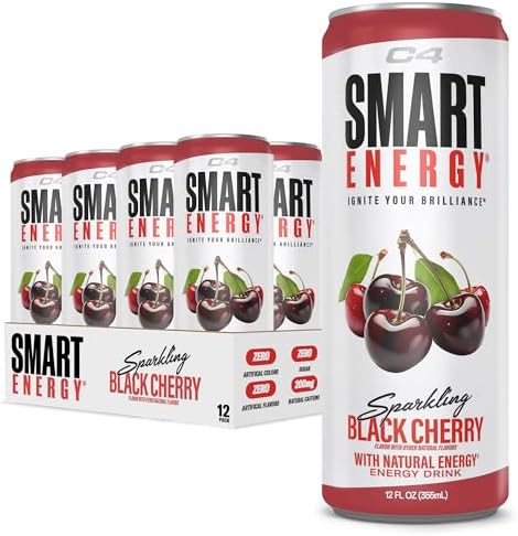 C4 Smart Energy Drink – Boost Focus and Energy with Zero Sugar, Natural Energy, and Nootropics - 200mg Caffeine - Black Cherry (12oz Pack of 12)