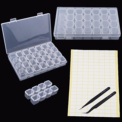 Renba 2 Pack 28 Grids Diamond Embroidery Box Adjustable Storage Boxes Of Diamond Painting Accessories for DIY Craft Diamond Painting Rhinestone with Tweezers, Label Sticks (2　Ｐａｃｋ)