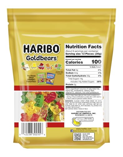 HARIBO GOLDBEARS, GUMMI CANDY, 10 OZ RESEALABLE BAG, ASSORTED FLAVORS