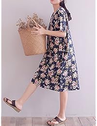 Vestidos midi de lino y algodón florales de verano con mangas cortas sueltas para mujer