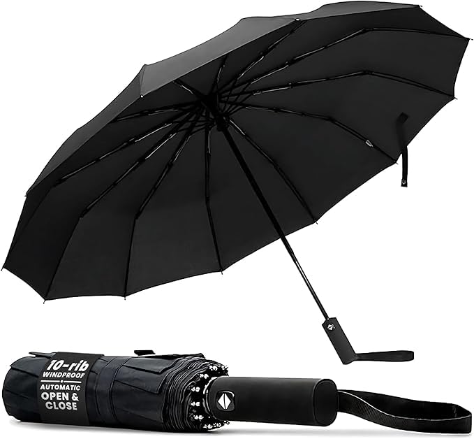 TANNESS Windproof Travel Umbrellas for Women and Men | 12 Rib - Automatic Folding Lightweight Compact Umbrella for Rain and Sun Protection | Ideal as Beach Umbrella and Patio | (Black)