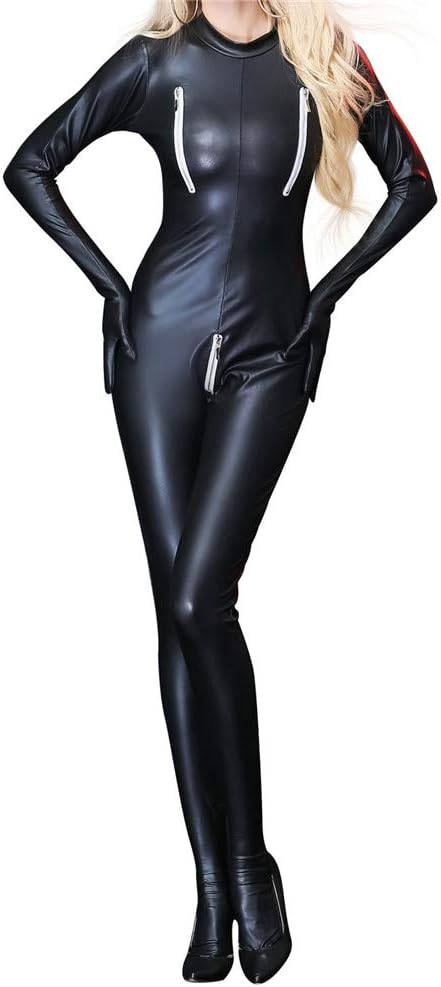 Women Faux Leather Jumpsuits Club Party Catsuit Teddy Clubwear Long Sleeve Bodysuit