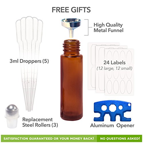 Pure Acres Farm, 12, Amber, 10 ml Glass Roll-on Bottles with Stainless Steel Roller Balls. 3 ml Droppers included