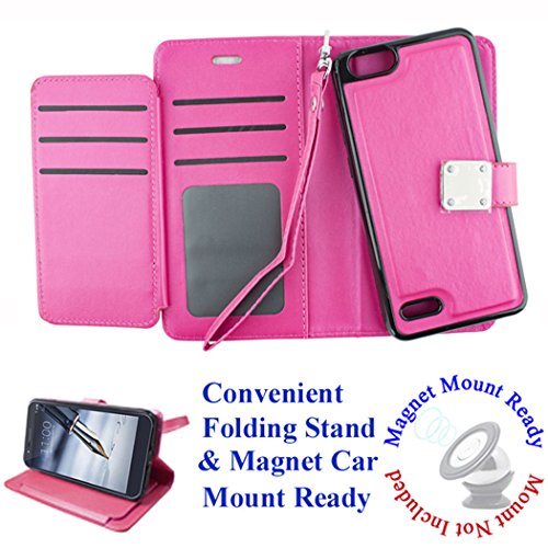 for 5" ZTE zFive G zFive C Tempo X Tempo GO Case Phone Case Tortilla Wallet Wrap Detachable Bumper Mag Mount Ready Extra Pocket Purse Screen Flip Cover (Pink)