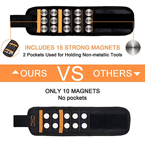 Magnetic Wristband,Tool Belt with 15 Strong Magnets and 2 Pockets for Holding Screws,Tools, Nails,Drill Bits,Great Gifts for Men,Dad,Husband,DIY Handyman, Black
