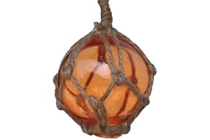 HANDCRAFTED NAUTICAL DECOR Hampton Nautical Orange Japanese Glass Ball Fishing Float with Brown Netting Decoration 3"