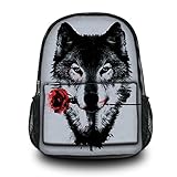 Fashion Unisex Canvas Rucksack Vintage Computer Laptop Backpack School Travel Shoulder Backpack Bag (Wolf with Rose) CPB-60