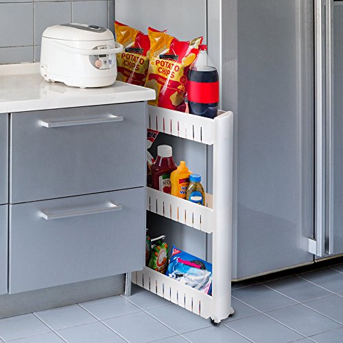 Mobile Shelving Unit Organizer with 3 Large Storage Baskets, Slim Slide Out Pantry Storage Rack for Narrow Spaces by Everyday Home