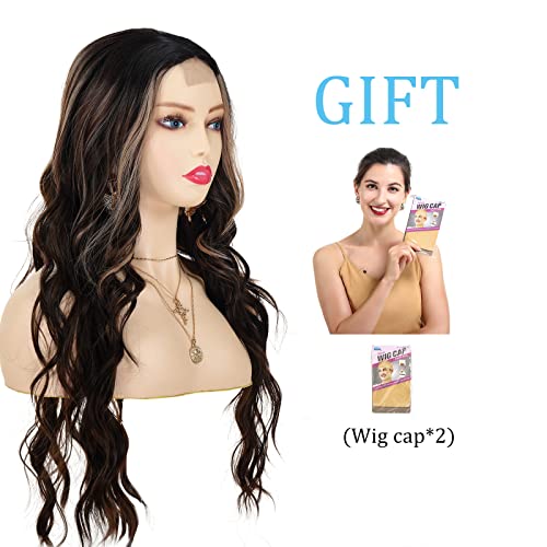 POPTAIYU Long Brown Mixed Blonde Wavy Highlight Lace Front Wigs for Women Synthetic Curly Natural Wavy Heat Resistant Hair for Daily Party Use (Brown Mixed Blonde,26inch)