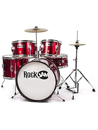 RockJam RJ105-MR Complete 5-Piece Junior Drum Set with Cymbals, Adjustable Throne & Accessories, Metallic Red