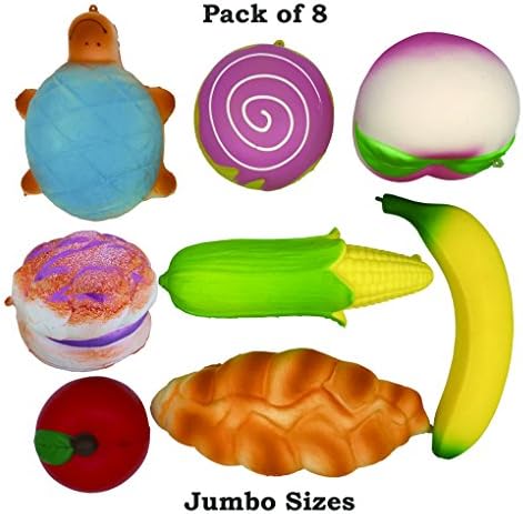Yeng Pack of 8 Jumbo Slow Rising Squishies Kawaii Turtle Bread Fruits Peach Banana Apple Corn Cellphone Charms Straps Pendants Stress Toys