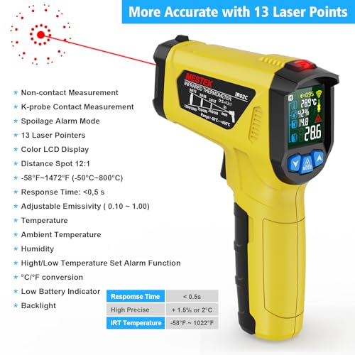 Infrarot Thermometer Laser MESTEK Temperaturmessgerät mit K-Sonde IR Pyrometer -50°C bis 800°C Berührungslos Farbe LCD Alarmfunktion Einstellbarer Emissionsgrad für Küche thumbnail 3