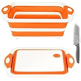 Rottogoon Collapsible Cutting Board, Foldable Chopping Board with Colander, Multifunctional Kitchen Vegetable Washing Basket Silicone Dish Tub for BBQ Prep/Picnic/Camping(Orange)