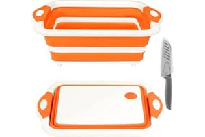 Rottogoon Collapsible Cutting Board, Foldable Chopping Board with Colander, Multifunctional Kitchen Vegetable Washing Basket Silicone Dish Tub for BBQ Prep/Picnic/Camping(Orange)