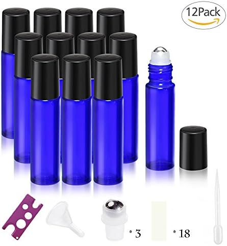 Glass Roller Bottles - 5ml, 12 Pack, Super Thick, Cobalt Blue by Sunshinny, Stainless Extra Steel Roller Balls, Metal Essential Oil Opener, Droppers, Funnel and Labels Included