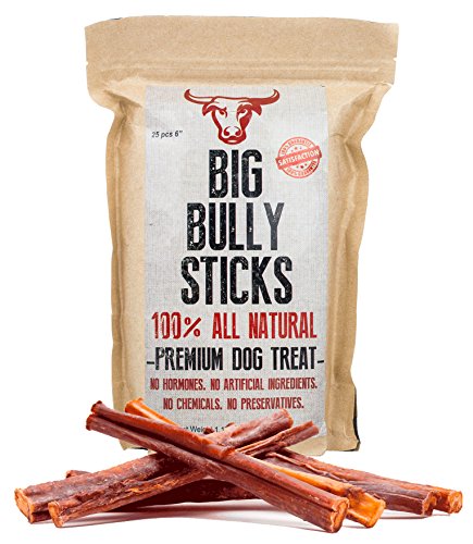 Big Bully Sticks 25 Count Mega Pack All Natural Dog Chews 100% Free Range Grass Fed Beef Low Oder No Preservatives, Growth Hormones, or Antibiotics. USDA FDA Approved! Best Value Healthy Pet Treat.