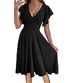 DGHBVS Women's Cocktail Dress Wrap V Neck Ruffle Short Sleeve A Line Work Formal Wedding Guest Midi Dress with Pockets