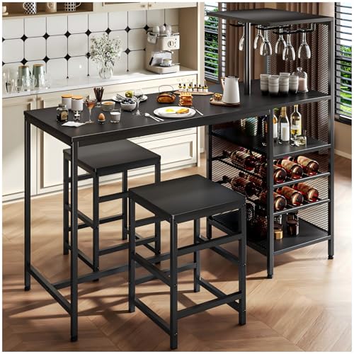 SIMPLE ESPACIO Barra de Cocina,Desayunador Tiene Seis Capas de Espacio de Almacenamiento,Mesa de Bar,Comedor Viene con Dos Sillas,con Estante para Copas Vino,Adecuado para Cocina y Bar(Negro)