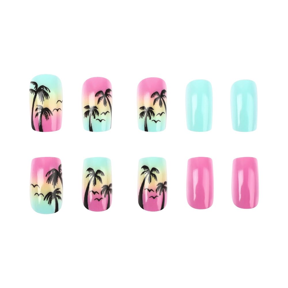 Short Press on Nails Summer Palm Tree Fake Nails Square Acrylic Nails Press ons Glossy Blue Pink Glue on Nails with Twilight Beach Designs Stick on Nails Summer False Nails for Women Girls 24Pcs - Image 4