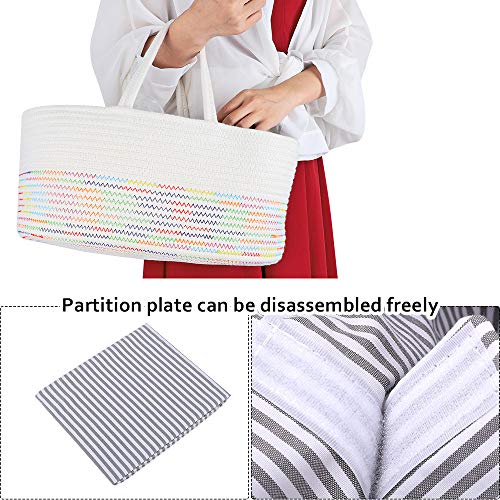 Mebbay Baby Diaper Caddy Organizer, Woven Cotton Rope Storage Basket, Nursery Storage Bin for Changing Table and Car, Detachable Partition with Bottle Holder, Colorful Stitching - Thumbnail 4