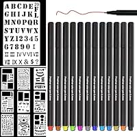 Yansion Fineliner Pen Set Journal Pens Plastic Stencils Planner for Writing Notebook Diary Calendar School and Office Supplies with 12 Pieces DIY Drawing Template and 12-Colors Scrapbooking Pens 