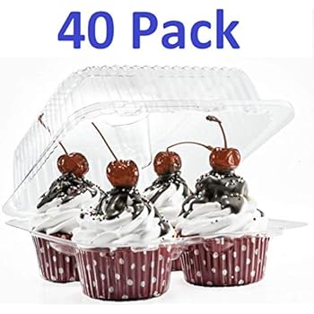 4 Compartment Cupcake Boxes | Clear Plastic Cupcake Container - Disposable Cupcake Holders | Muffin Carrier - Cupcake Clamshell Trays | Cup Cake Packaging Transporter | 40 Pack