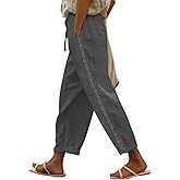 Puimentiua Women Linen Pants Lightweight Pants with Lace Side Summer Casual Beach Drawstring Elastic Waist Trousers