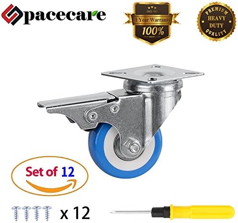 SPACECARE 12 Pack of 2 Swivel Caster Blue Polyurethane Wheels Base with Brake Top Plate &amp; Double Ball (12)