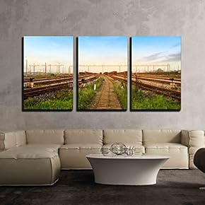 3 Piece Canvas Wall Art - Cargo Train Platform at Sunset with Container - Modern Home Art Stretched and Framed Ready to Hang - 16"x24"x3 Panels