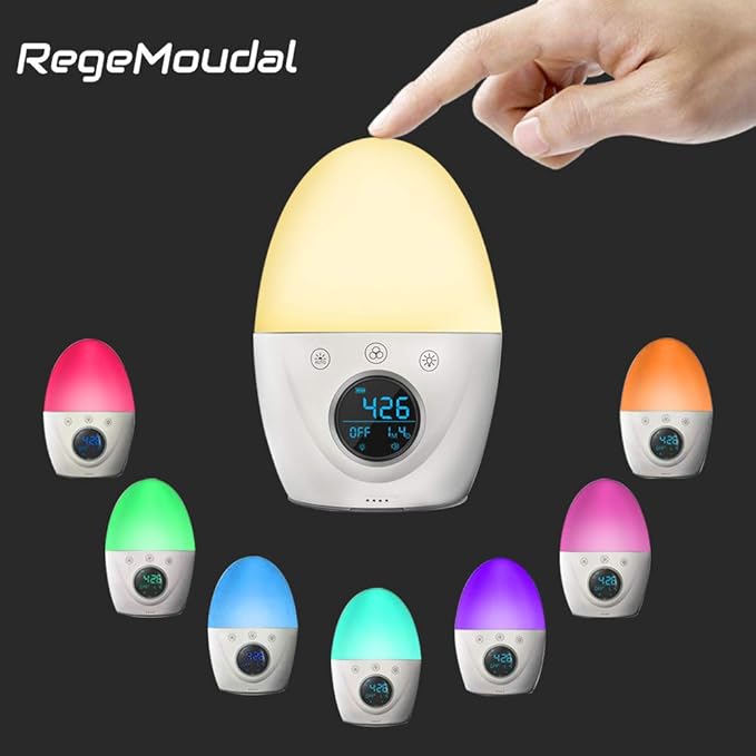 Regemoudal Nachtlicht Wecker für Kinder und Erwachsene, Nachtlichtuhr 5 Farben Stimmungsatmosphäre Lampe mit 5 Naturgeräusche