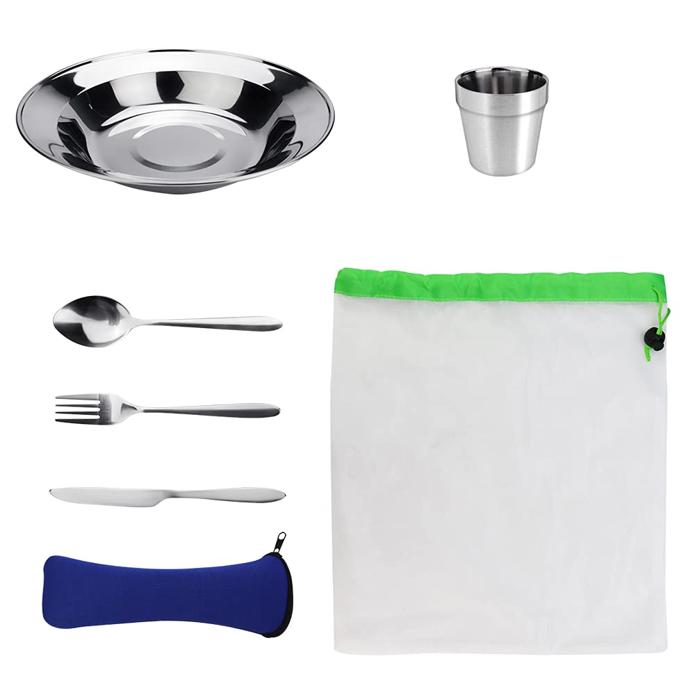 EMAGEREN 7 in 1 Camping Cutlery Set - Stainless Steel Utensils Tableware Mess Kit Complete Dinnerware Set Includes Plate Bowl Cup Spoon Fork Knife Mesh Travel Bag for Backpacking