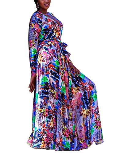 Long Sleeve Maxi Dress - Elegant Floral Chiffon Wrap Dresses Belted X-Large Multi-Color Floral