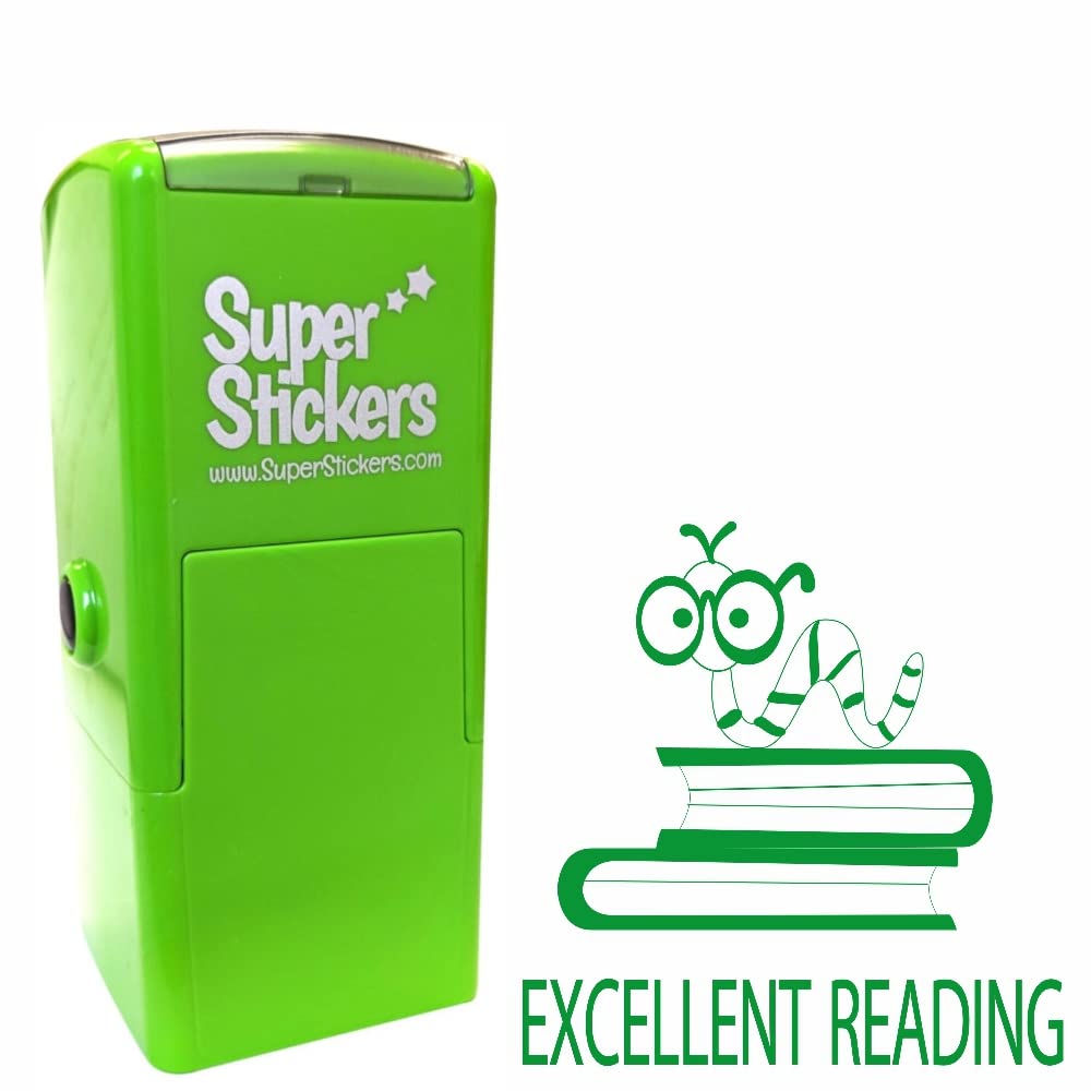 Teacher Stamp, Education Marking Stamp, Reward Stamps for School - Excellent Reading Book Worm, Impression Size Approx. 23x23 mm, Green Ink