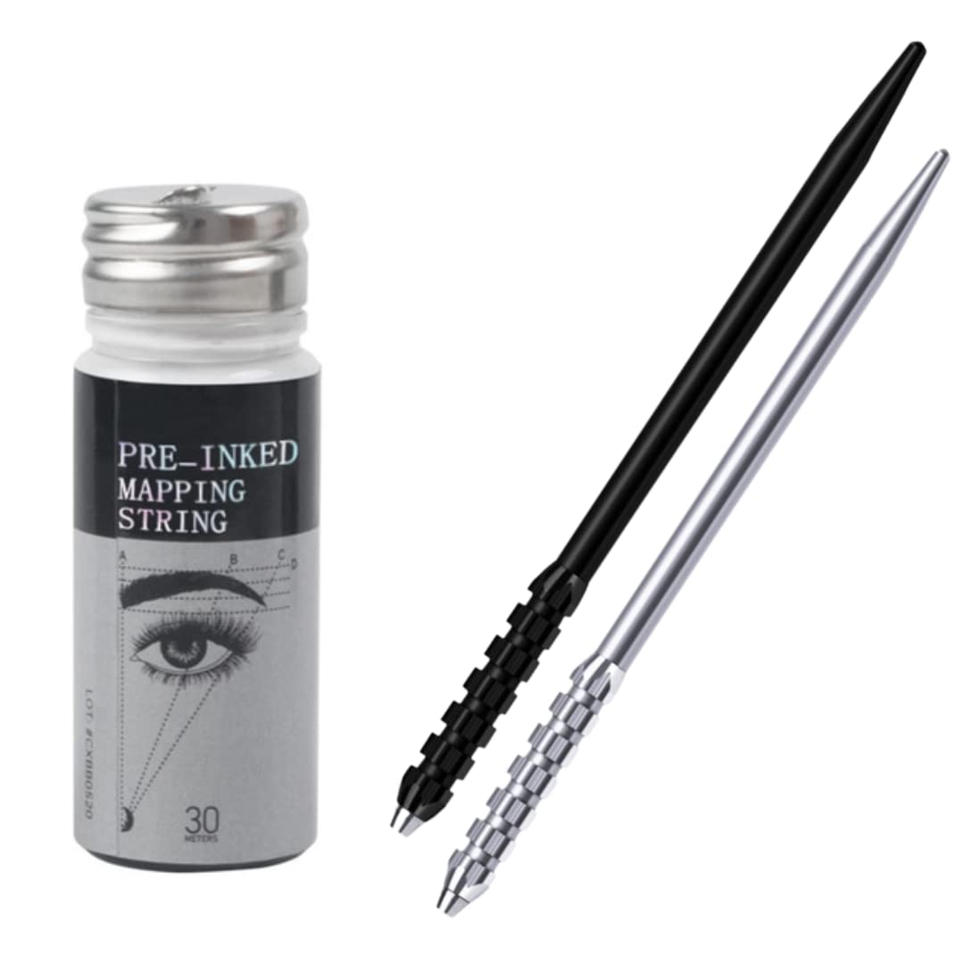 Manual Tattoo Kit, 2 Pens, 1 White Pre-Inked Mapping Chain for Eyebrow Measurement, Semi-Permanent Eyebrow Marker Thread Microblading 30 m