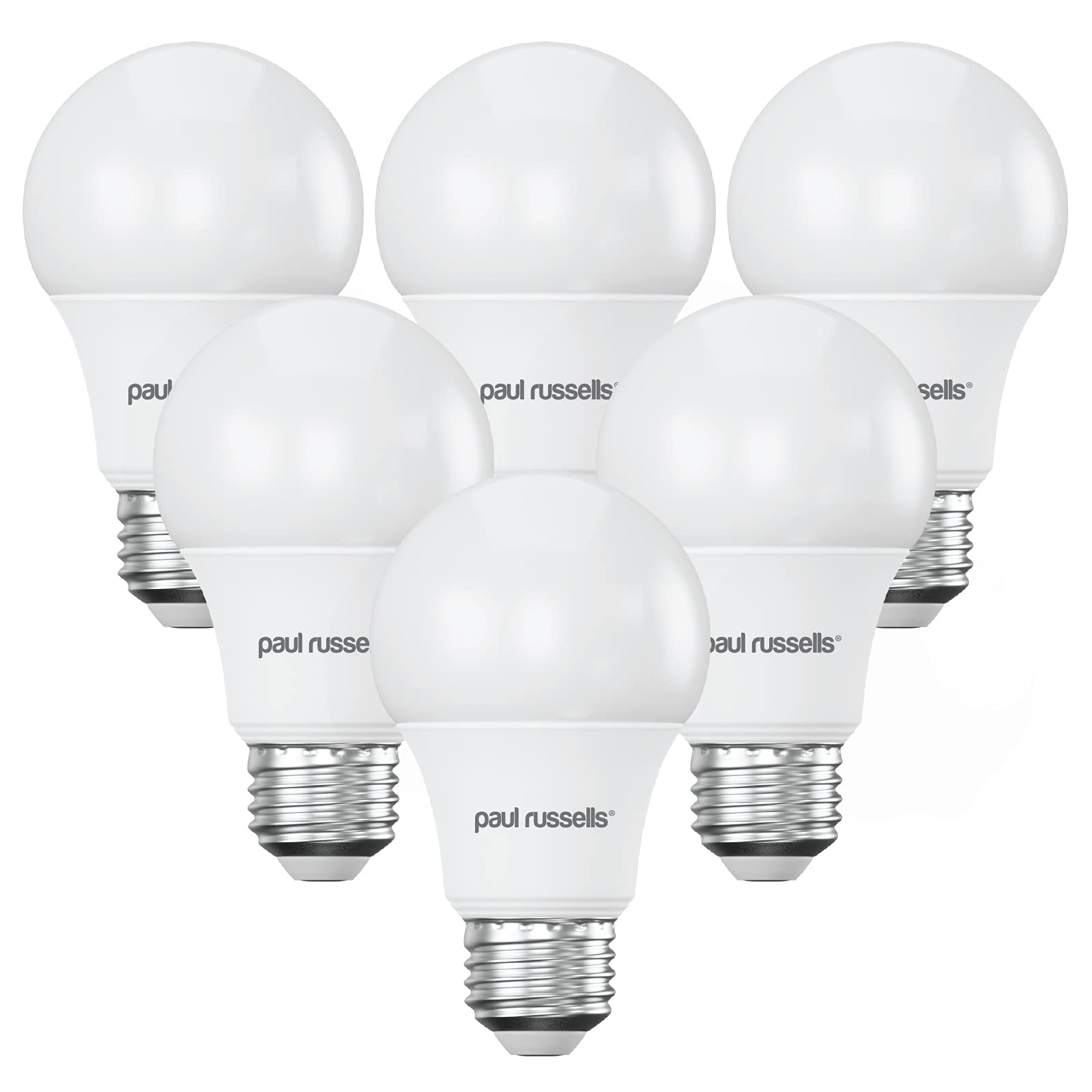 Paul russells LED GLS Lights Edison Screw E27, 60w Equivalent, 8Watt 806LM LED Bulbs, 4000K Cool White, Classic Frosted A60 Standard ES Energy Saving (Not Dimmable) Large Globe Lamps, Pack of 6