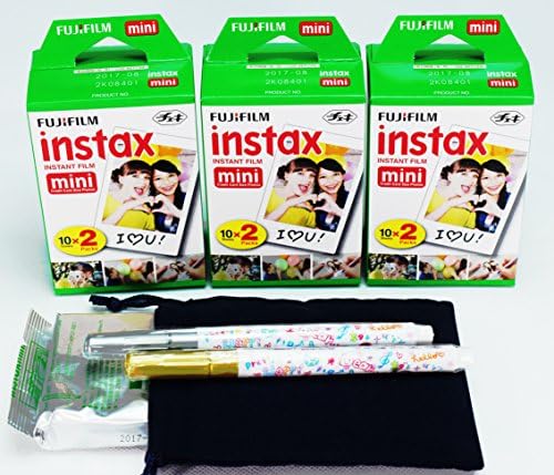 Fujifilm Instax Mini Twin Pack X 3 (60pcs) Plus carrying pouch &amp; Photo　Felt-tip (Gold and Silver)