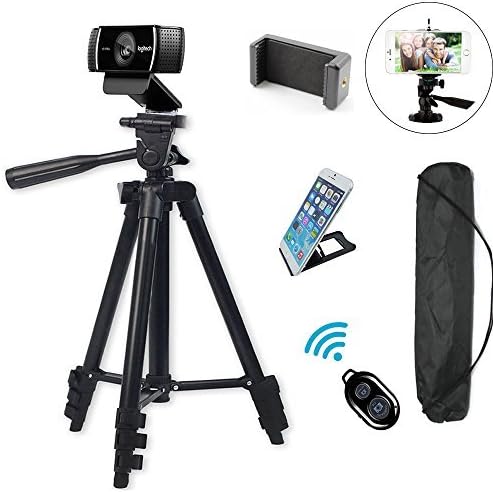 Professional Camera Tripod Mount Holder Stand for Logitech Webcam C930 C920 C615,iPhone,Cellphone,Cameras with Cell Phone Holder Clip and Remote Shutter -42"/Black